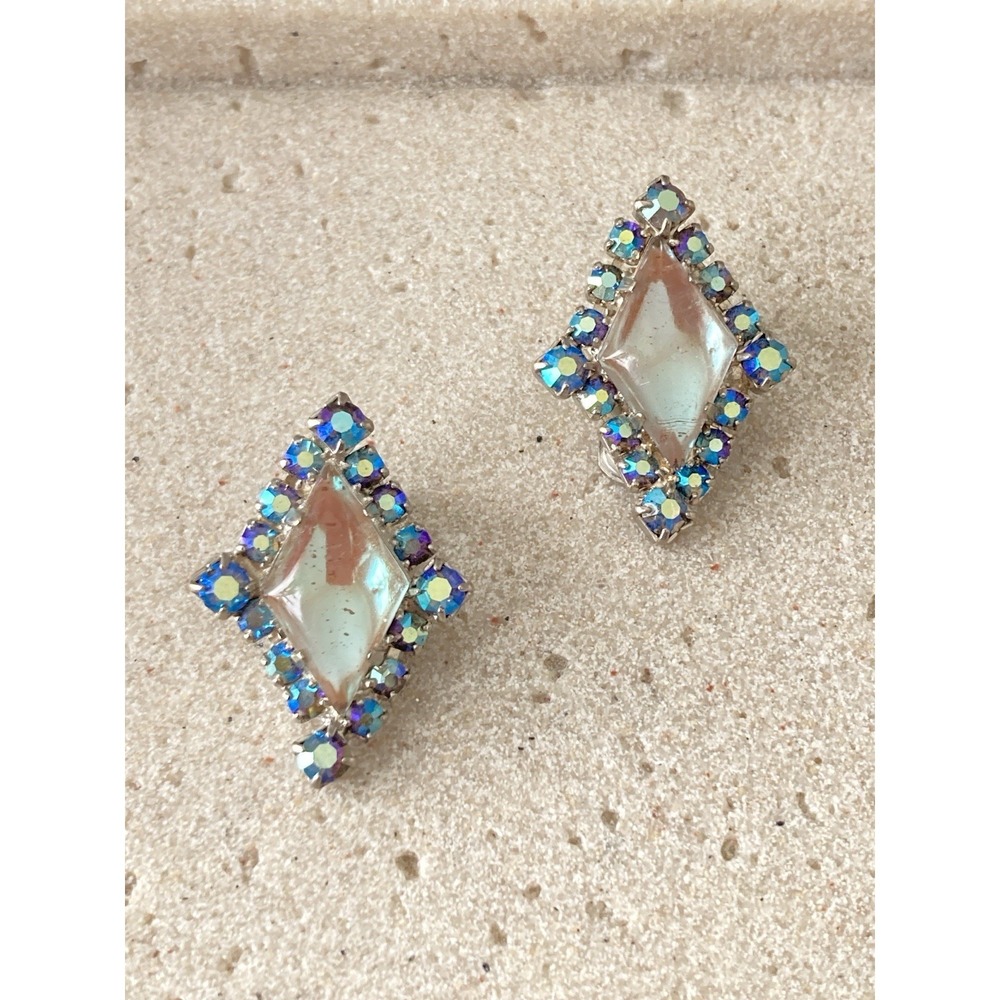Vintage Saphiret Clip On Earrings In Romantic Blues Aurora Borealis Rhinestones